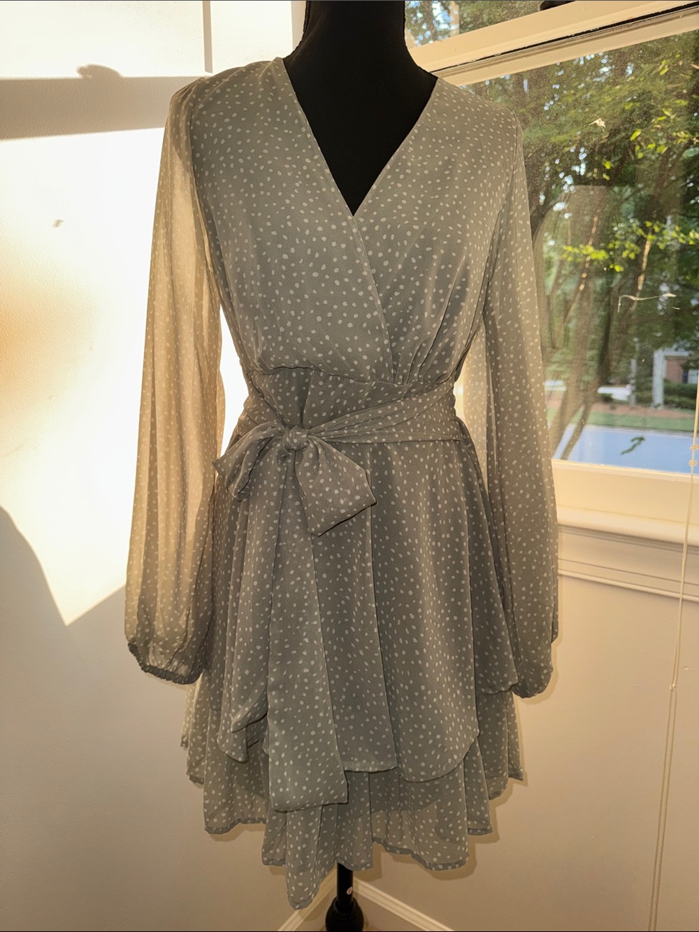 Sage Green Polka Dot Wrap Dress with Long Sleeves